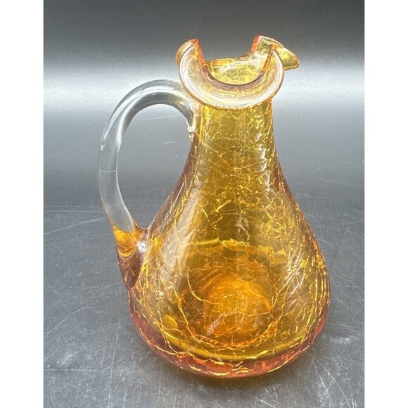 VTG Pilgrim Glass AMBER Crackle Pitcher Vase Ruffle Top Applied Handle 4.5” - Picture 3 of 9